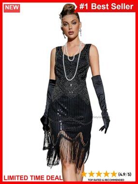 Plus Size 1920s Vintage Fringed Sequin Beaded Flapper Dress